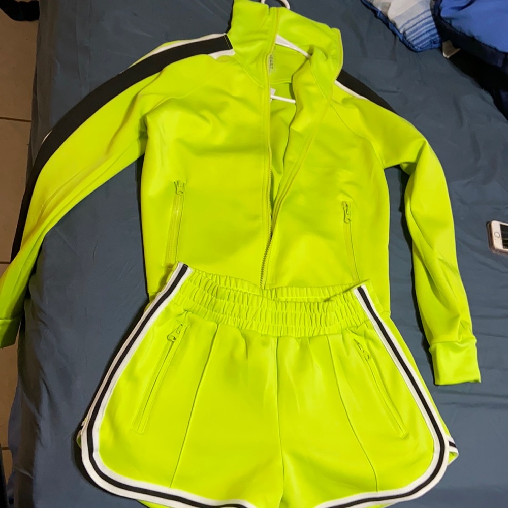 Neon green jacket and shorts set